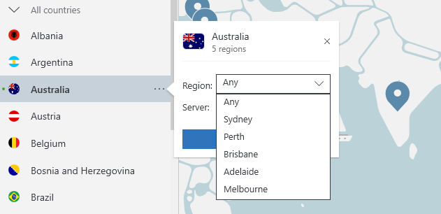 NordVPN Australian server listing